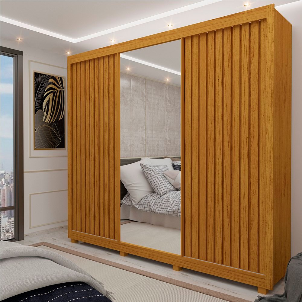 Guarda Roupa Casal com Espelho 3 Portas Pés Royale Ripado 100% MDF Naturale