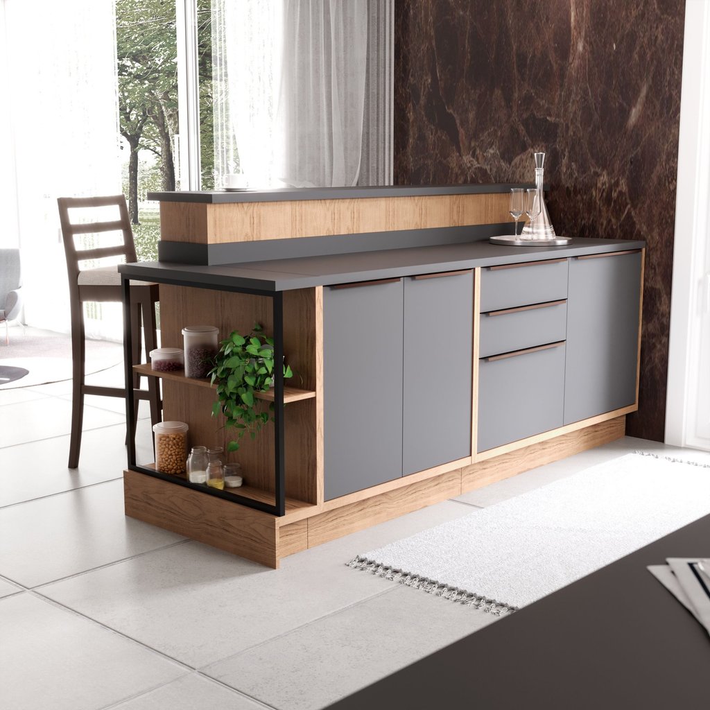 Bancada Ilha 6 Peças 3 Portas Cozinha Viena Freijó/Grafite