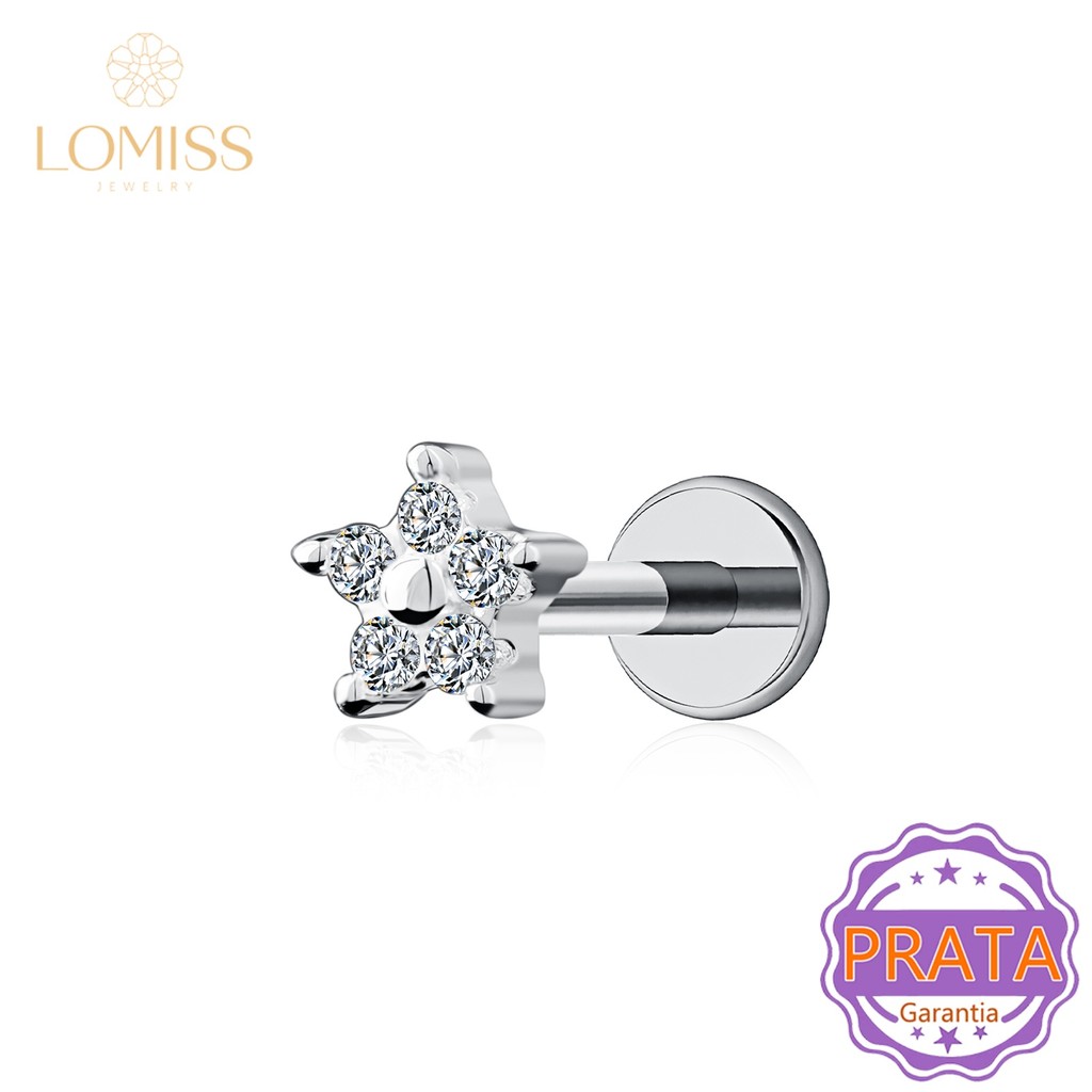 Piercing Orelha Labret Prata 925 Flor 5 Zircônias Cravejado Para Tragus Helix Conch Nariz Boca