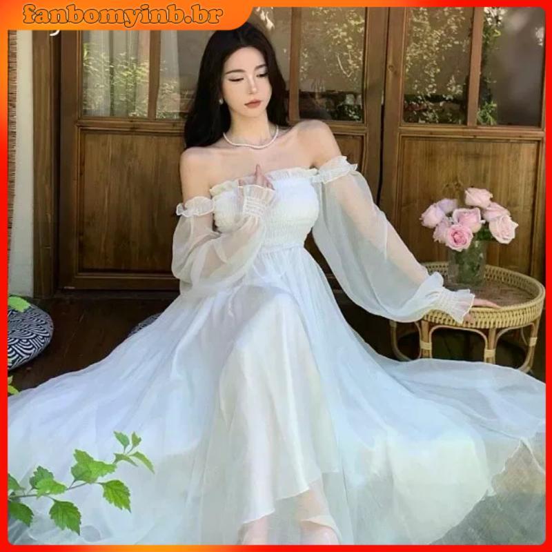 Vestido de gaze branco temperamento, cintura e peito vestido de fada