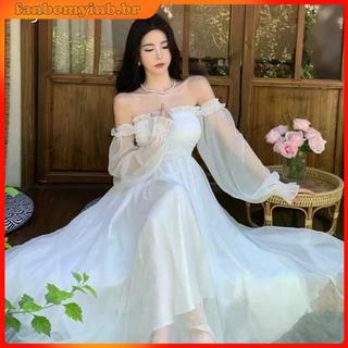 Vestido de gaze branco temperamento, cintura e peito vestido de fada