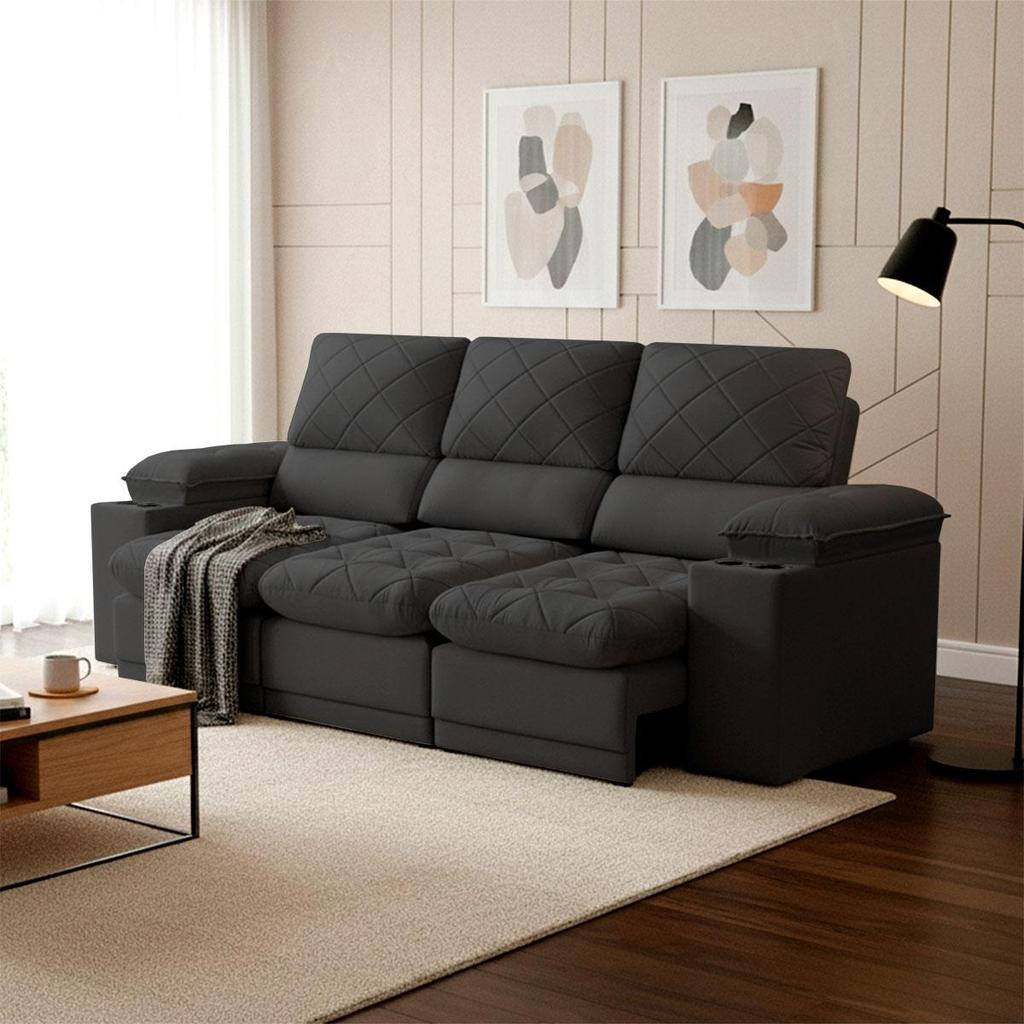 Sofá Veneza 2,40m Retrátil Reclinável Preto USB e Porta Copos - King House em Oferta na Shopee