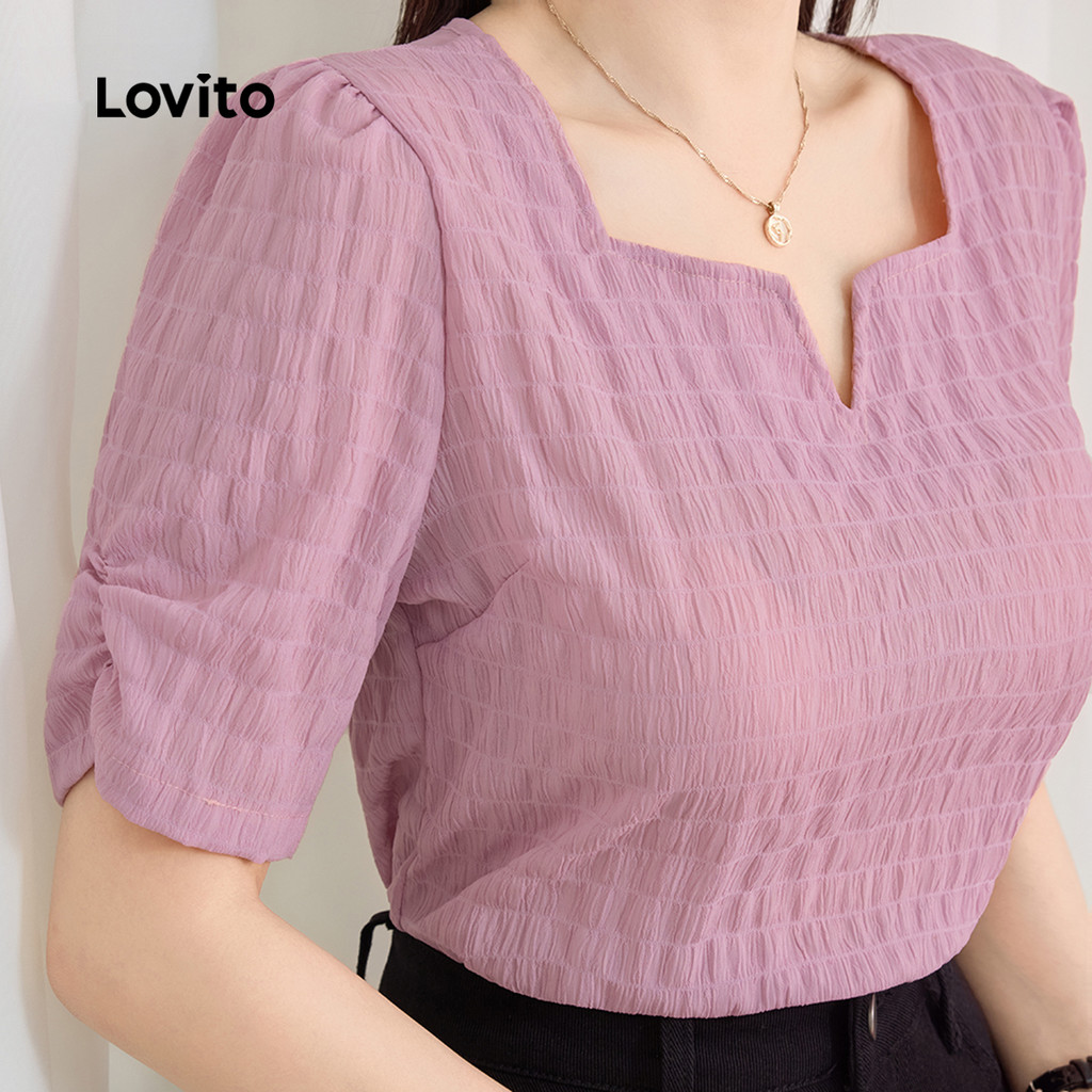 Lovito Blusa Elegante com Pregas Simples para Deslocamentos Primavera/verão Blusa Roxa para Mulheres L143ED084 em Oferta na Shopee