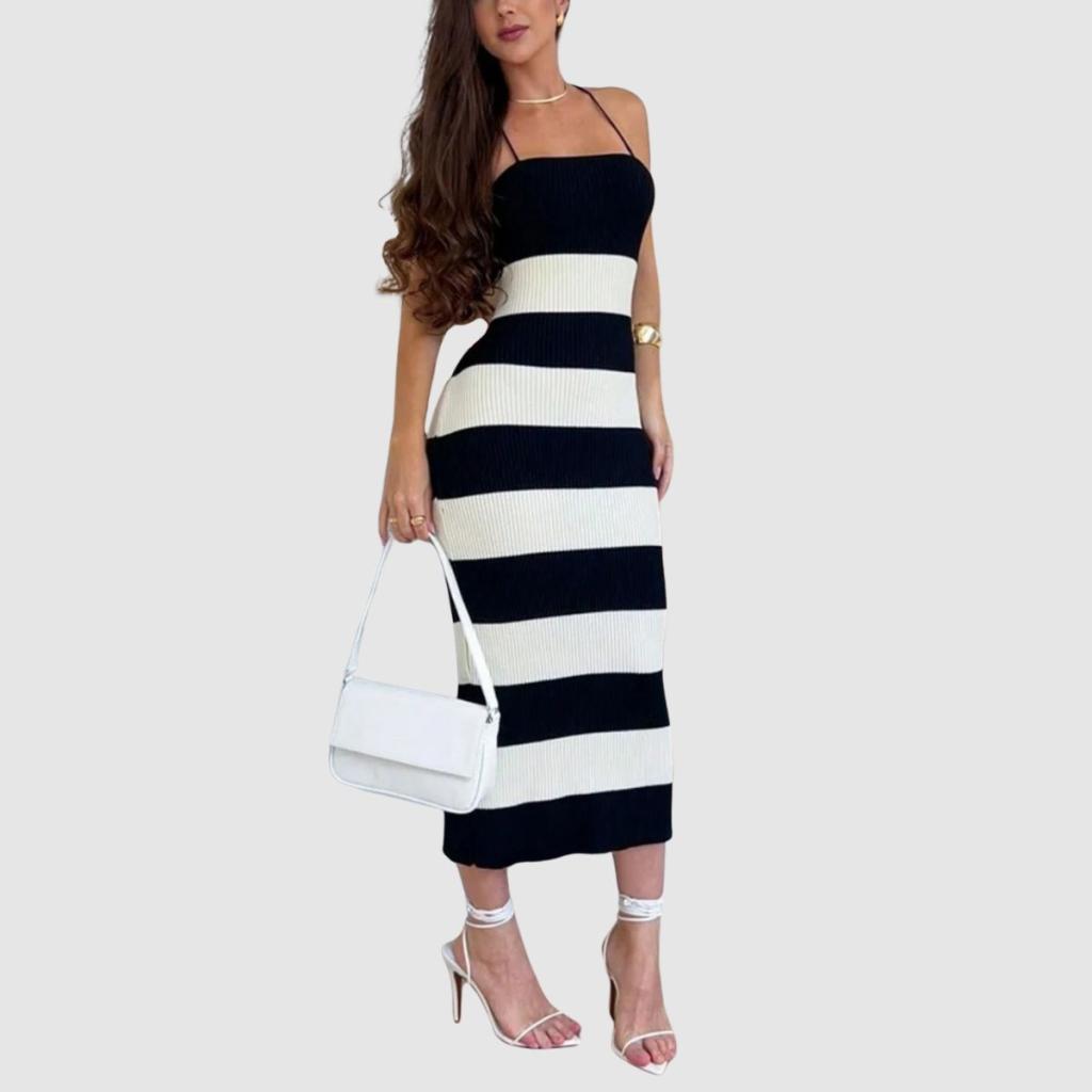 Vestido Midi Canelado Feminino Tubinho Alças Fina Detalhe Trançado Nas Costas Tendência