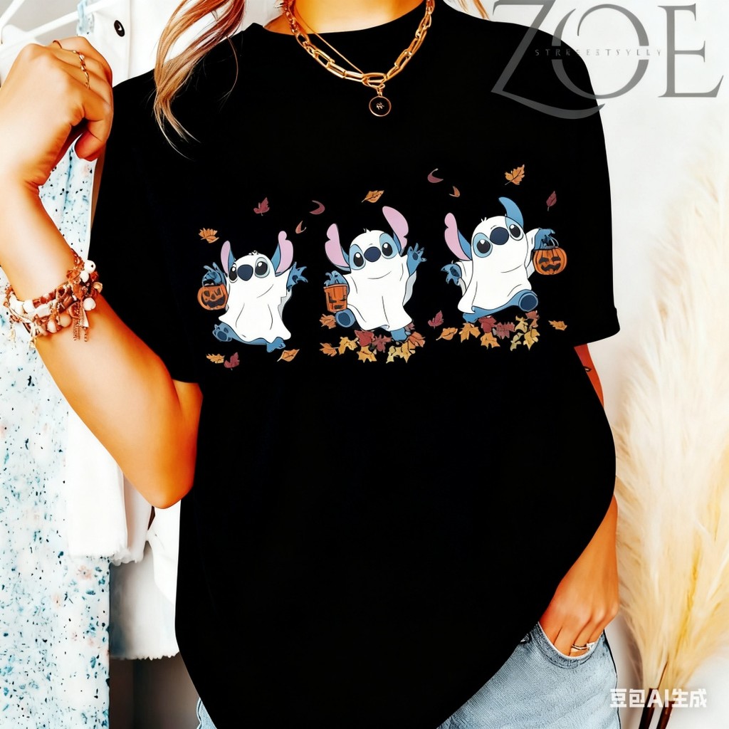 Camiseta Feminina Disney Ghost Stitch Halloween Preto Unissex Oversize Algodão Casual Envio Imediato