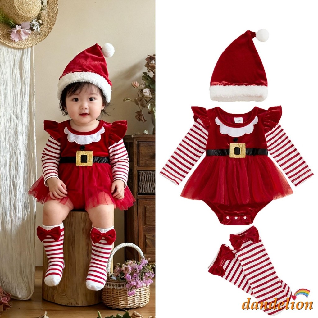 Roupa De Natal Para Bebês Meninas , Lindo Macacão Listrado De Manga Comprida Com Gola Redonda + Chapéu + Polainas