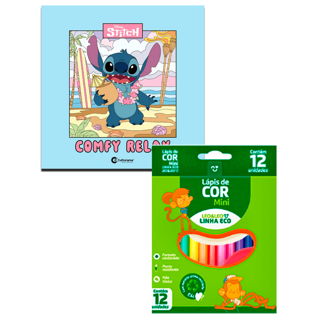 KIT Livro de Colorir Comfy Relax STITCH + 12 Lápis Cor Mini