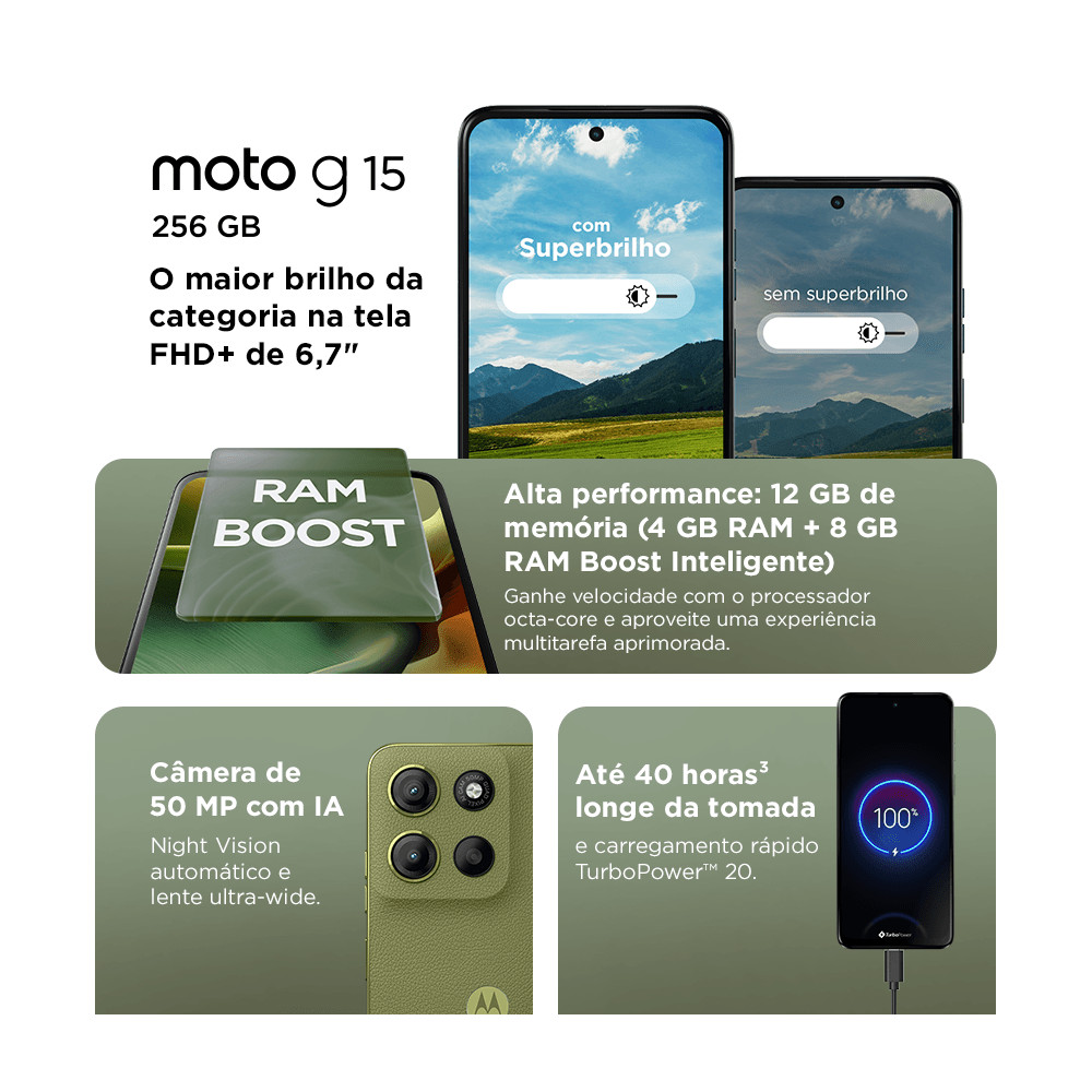 Detalhes do Smartphone Motorola Moto g15 - 256GB, 4GB RAM+8GB Ram Boost e Camera 50MP com AI Bateria de 5200 mA