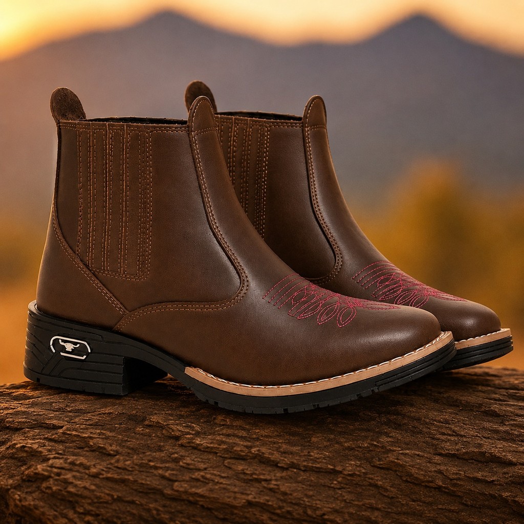 Bota Texana Feminina Botina Boiadeira Couro Eco Premium Bordado Rosa Country Rodeio Festa Sertaneja