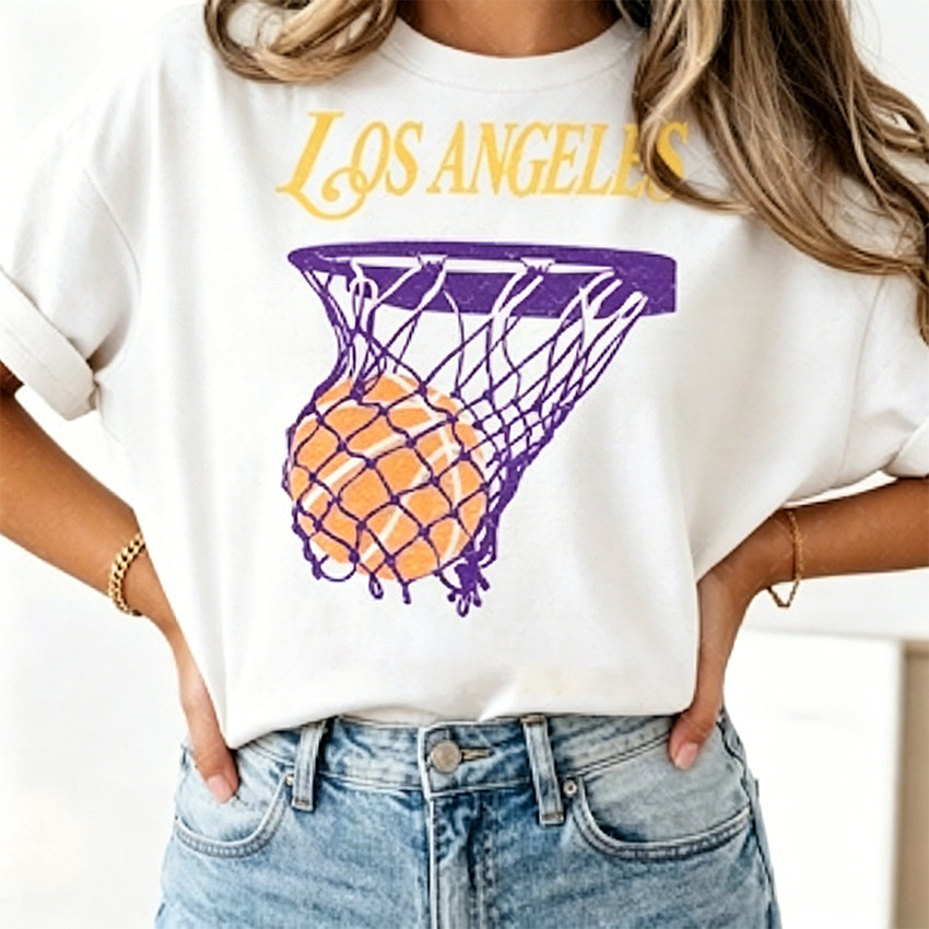 Camiseta Masculina Feminina Oversized Estampa Los Angeles Cesta e Bola de Basquete Roxo Amarelo T-shirt Streetwear
