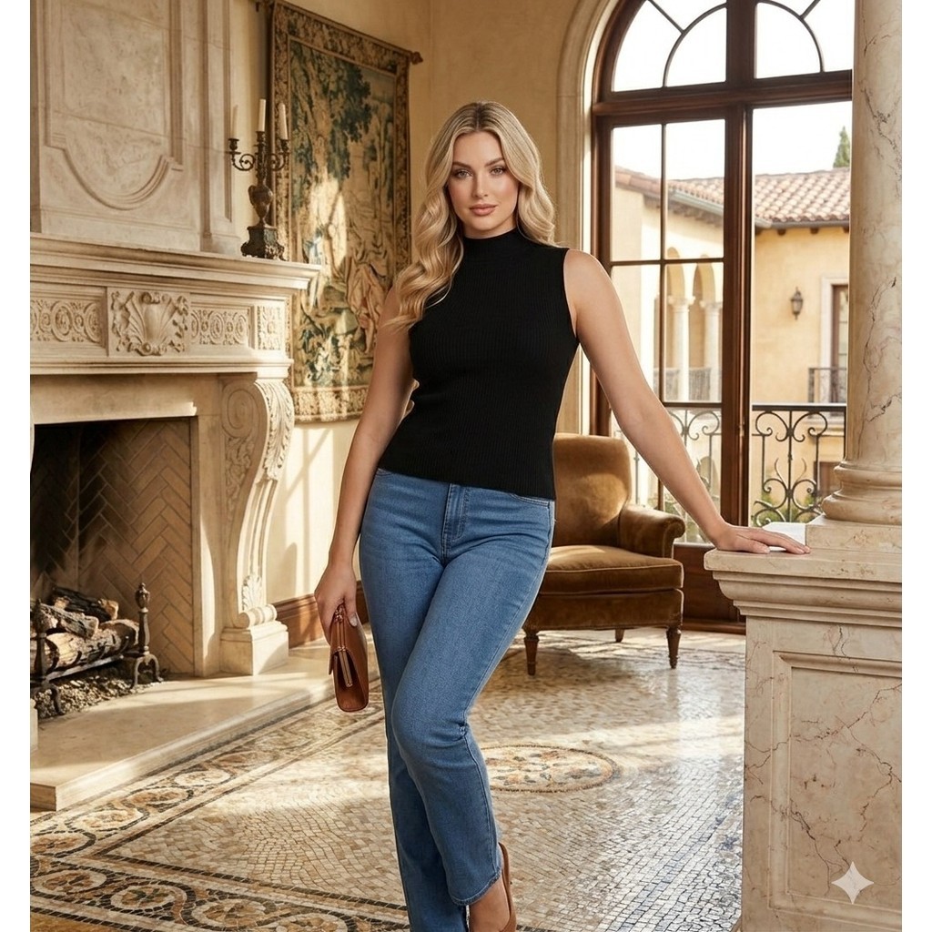 blusa feminina gola alta sem manga canelada justinha corpo com elastano top tendencia