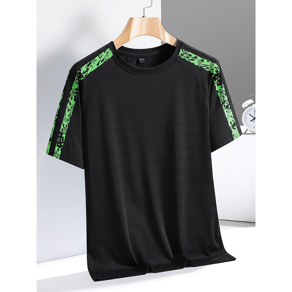 Camiseta masculina de manga curta com costura camuflada preta verão respirável de secagem rápida esportiva Casual Top