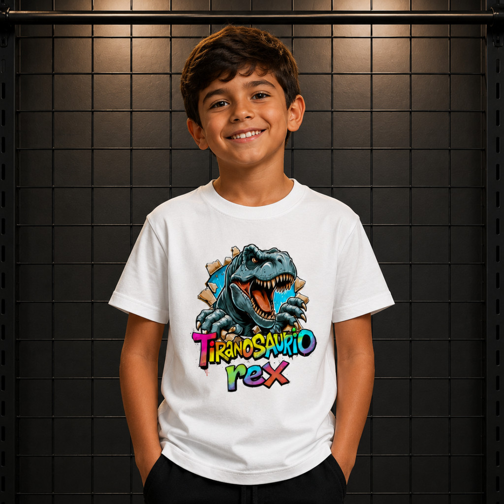 Camiseta Infantil Dinossauro Tiranossauro Rex Menino Camiseta Algodão Manga Curta Estampa Divertida Premium