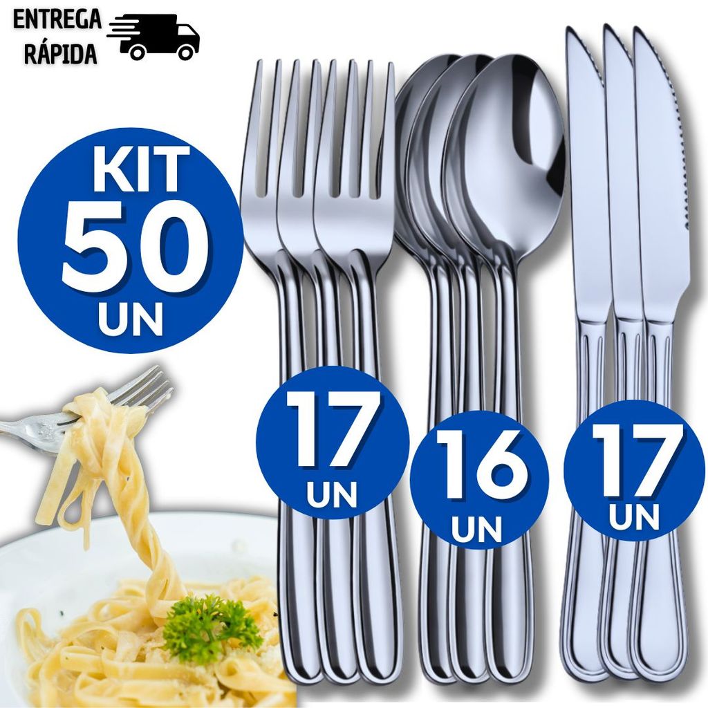 Combo 50 Talheres Inox Garfo Faca Colher Cozinha Restaurante Buffet Casa Bar Atacado Resistência Qualidade Utilidades