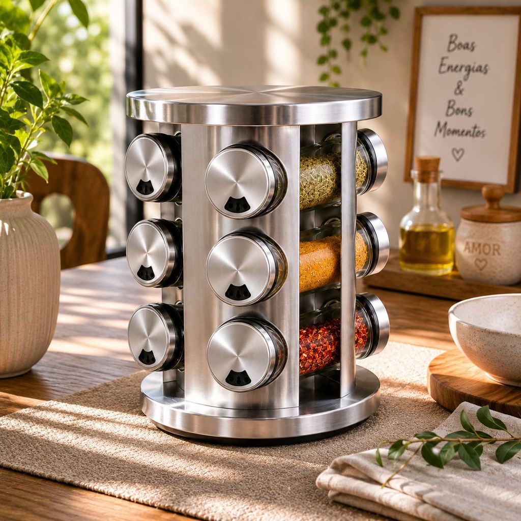 Porta Tempero Condimento Inox 12 Potes Suporte Giratório