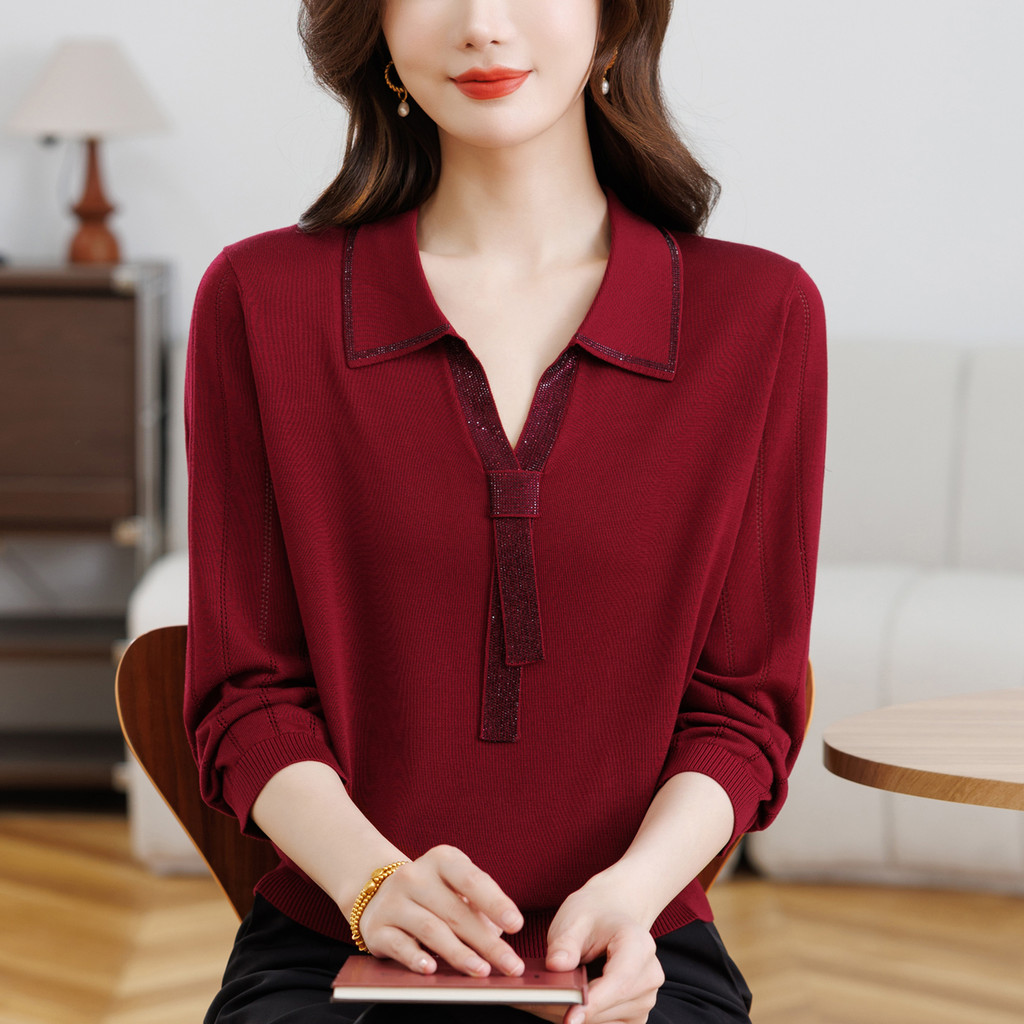 Moda estilo ocidental estilo mãe de meia-idade primavera manga três quartos lapela pequena camisa de meia-idade mulheres