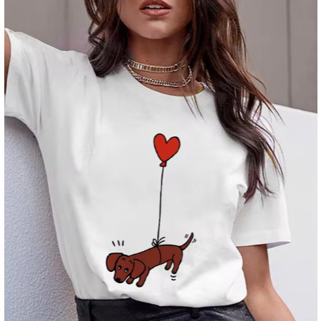 Camiseta Feminina Estilosa Estampadas Variadas Cachorro Salsicha Delicada Blusas Minimalista Algodão