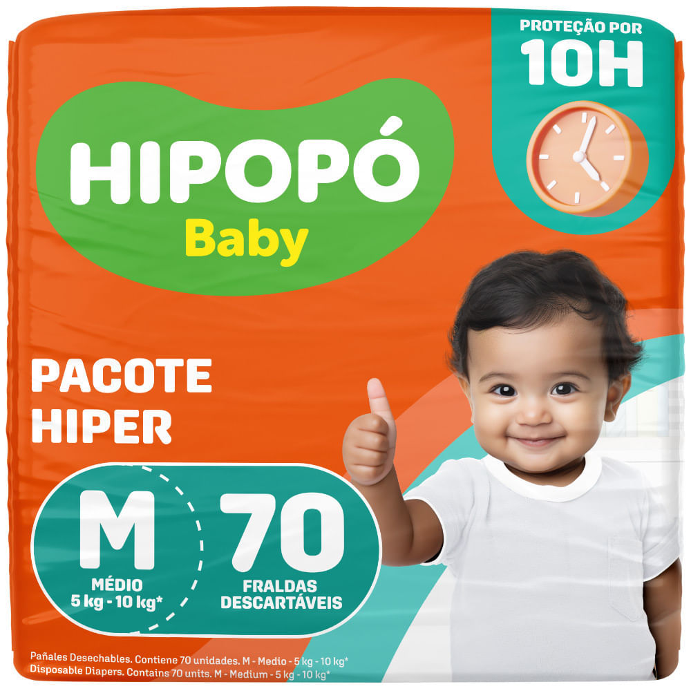 Imagem Fralda Hipopó Baby Tamanho M Pacote Hiper 70 Unidades Descartáveis