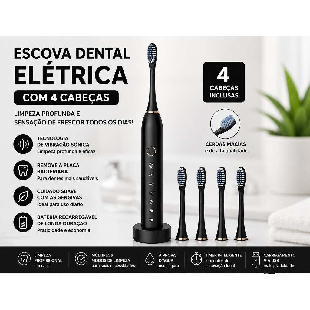 Escova Dental Elétrica Sônica Recarregável USB 4 Cabeças Limpeza Profunda Profissional Bateria Longa Duração