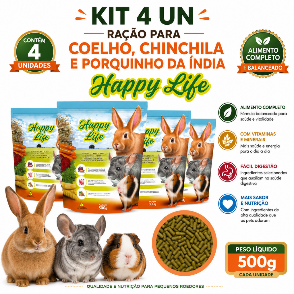Kit 4 un - Ração para Coelho, Chinchila e Porquinho da Índia Happy Life Premium 500g