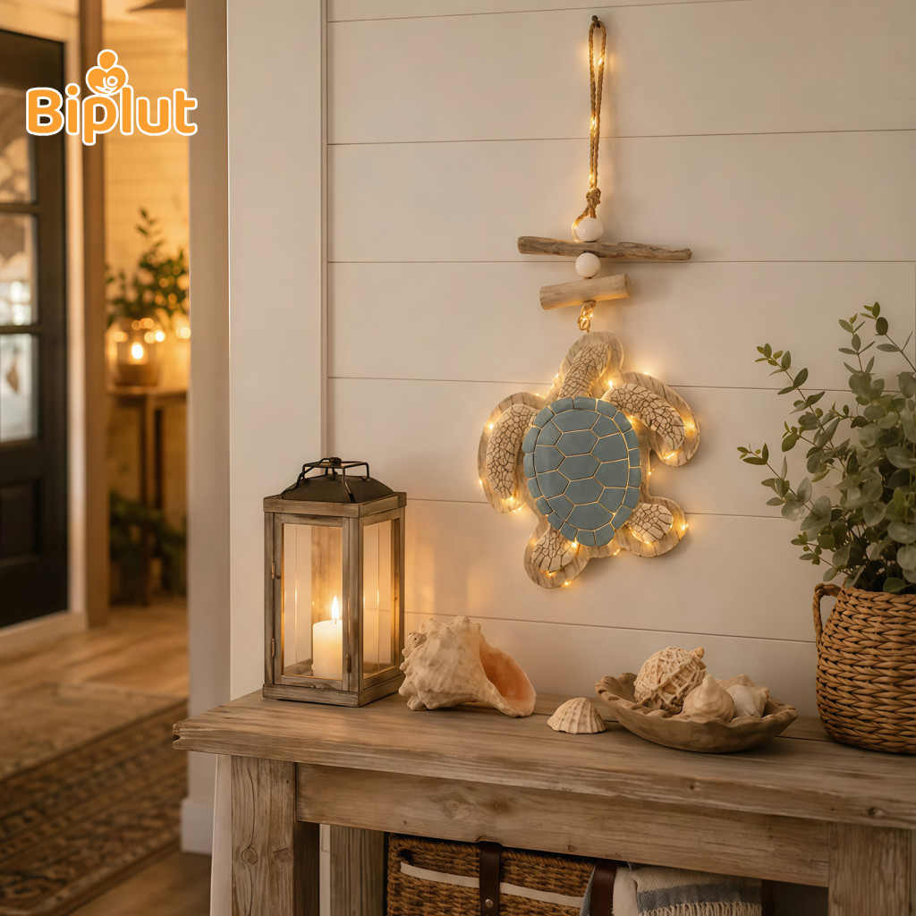 Ornamento De Suspensão Luminoso Com Destaque De Parede Estilo Oceano , Decoração De Tartaruga De Resina Corda De Juta ,