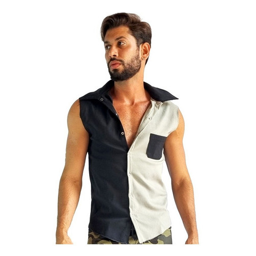 Camisa Masculina JotaVê Modelo Machão em Tricoline Preta e Bege Moda Masculina