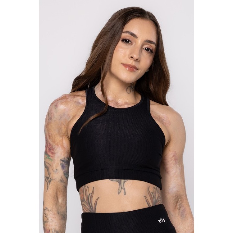 HARDYN Top Cropped Fitness Decote Costas Nadador Preto Sand