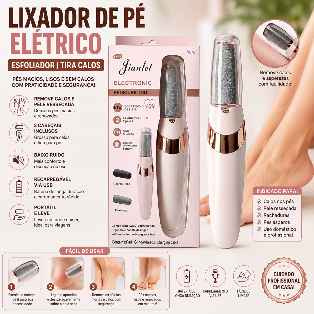 Lixador de Pé Elétrico - Esfoliador Tira Calos Pedicure Portátil Marisa Lixa Elimina Calo Portátil Usb Pilha