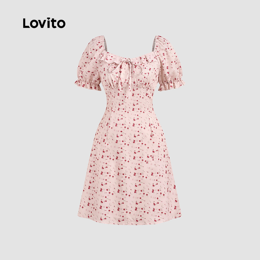 Lovito Vestido Casual com Babado e Renda para Mulheres Primavera/verão rosa Bordado DRB198P1D199 · foto 2
