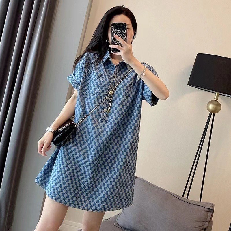 1-150kg gordura mm Denim vestido azul feminino verão novo estilo Extra grande tamanho médio solto manga curta camiseta s
