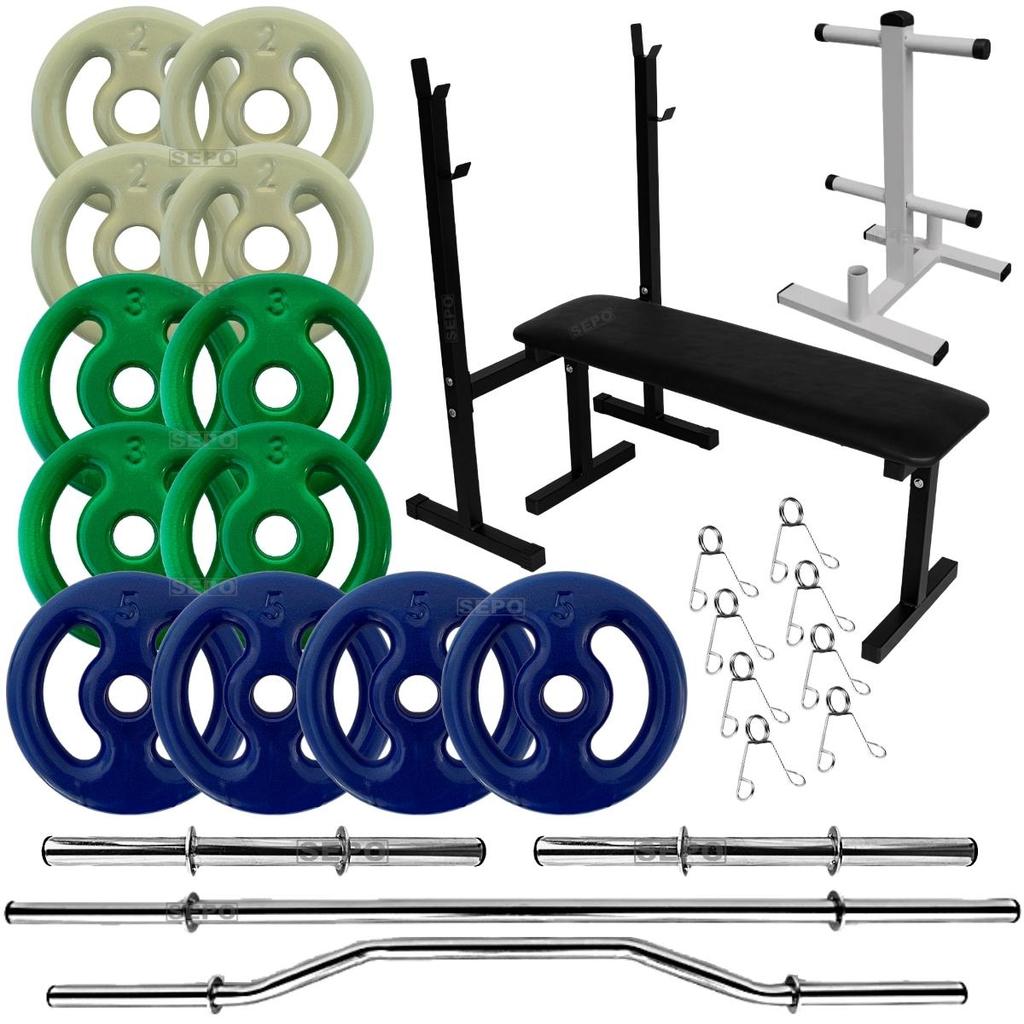 Kit 40Kg Anilhas Emborrachadas com Barras Ocas + Banco para Supino + Suporte 120Kg