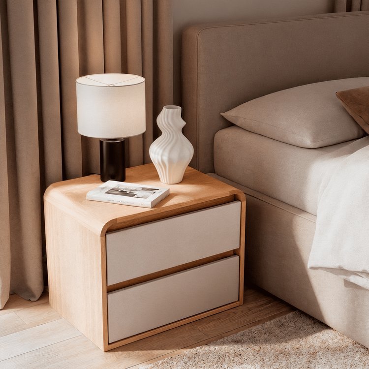 Mesa de Cabeceira 2 Gavetas Aurora 100% MDF Carvalho Nature / Off White