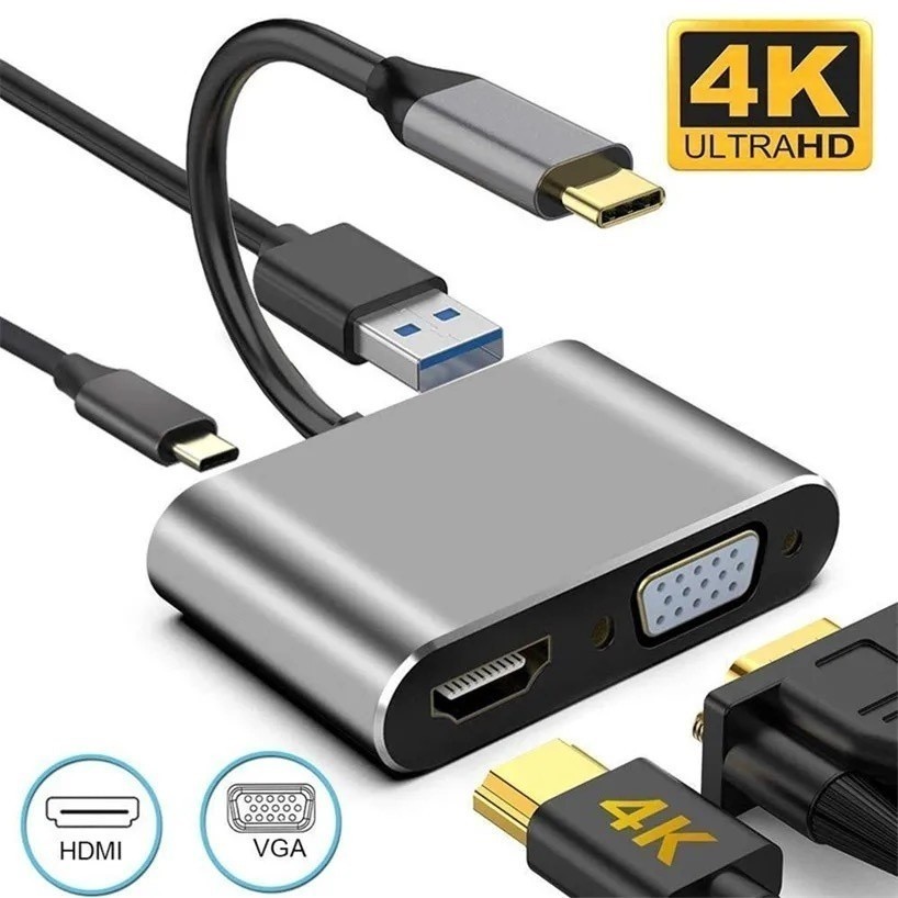 Conversor Tipo C HDMI 4K VGA 1080P USB A e Entrada de Carregamento Hub Compacto