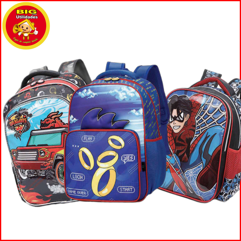Mochila de Costas Masculino Escolar Infantil Resistente Menino Herois Carros Jogo