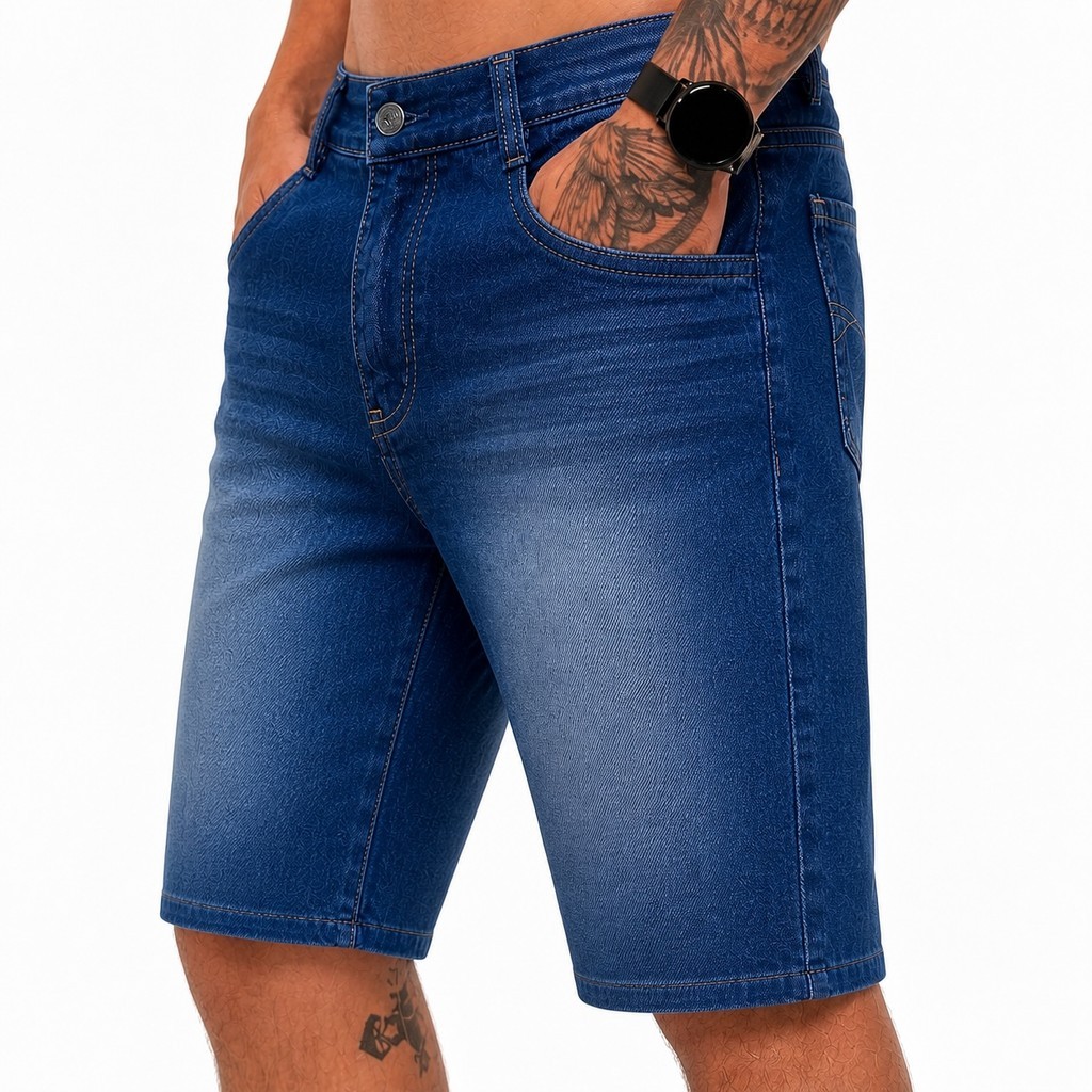 Kit 1 Bermudas Jeans Lisa Masculina Premium Algodão Confortável Corte Reto Casual Dia a Dia