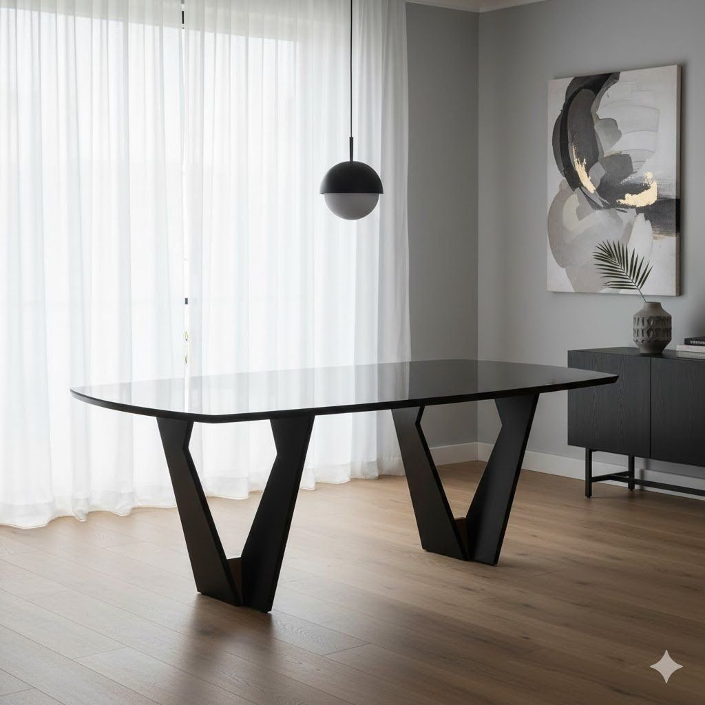 Mesa de Jantar 6 Lugares Retangular Tampo Vidro/MDF Lavanda Preto