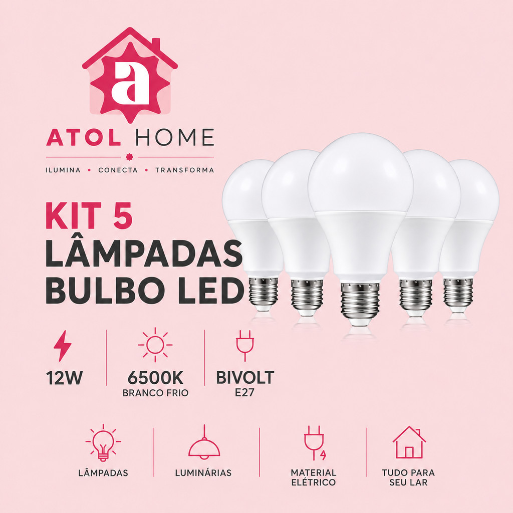 Kit 5 Lâmpada Bulbo Led 12w Luz Branco Frio 6500k Bivolt E27