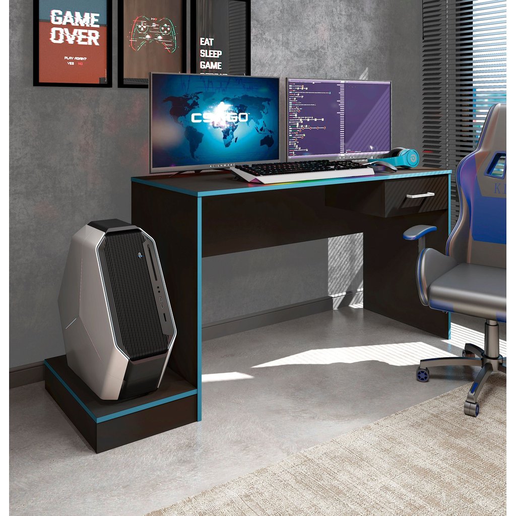Escrivaninha Mesa Escritório Gamer com Suporte para Gabinete, Mesa para Computador 1 Gaveta 160,5cm Preto e Azul