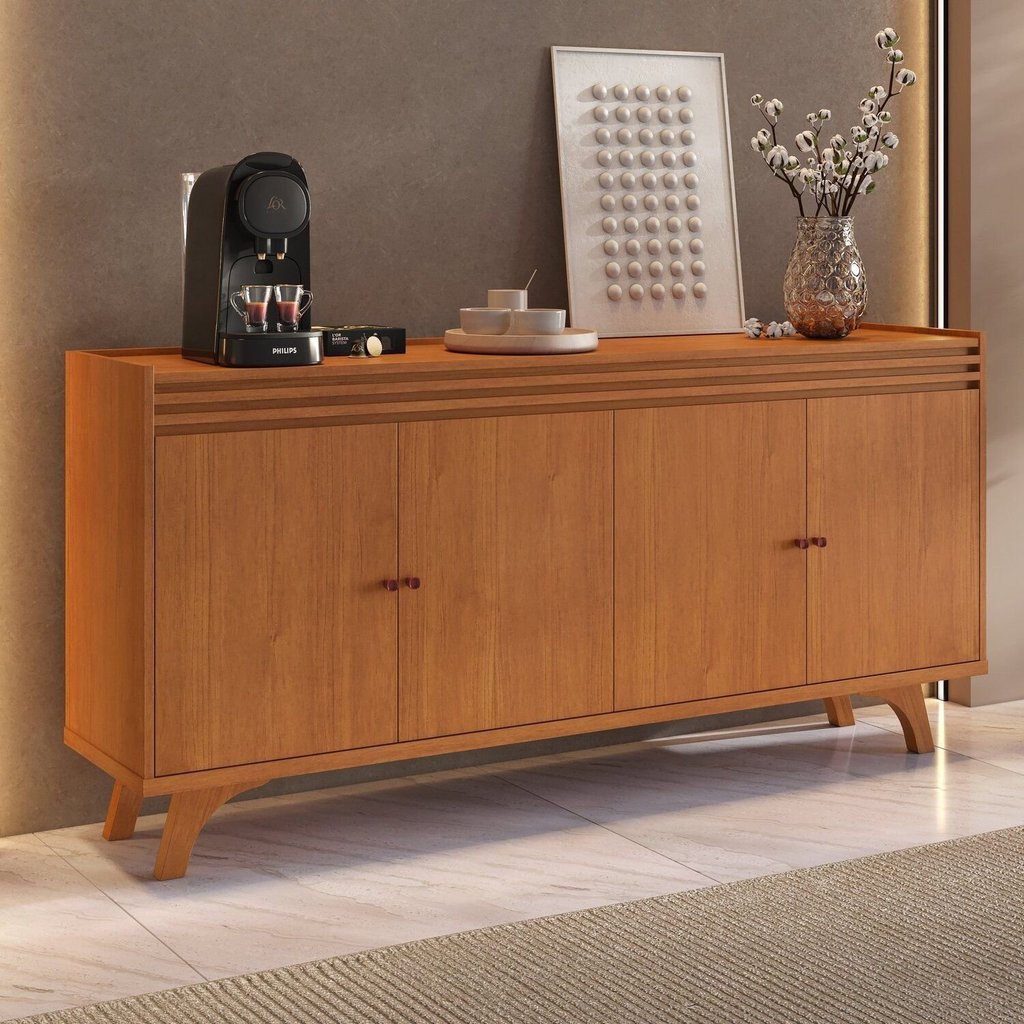 Buffet para Sala de Jantar 100% MDF 4 Portas 160cm Pés Madeira Maciça Madrid Naturalle