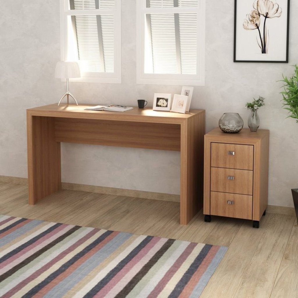 Conjunto Home Office 2 Peças Escrivaninha com Gaveteiro 3 Gavetas Espresso Móveis Cor do Móvel Marrom Amêndoa