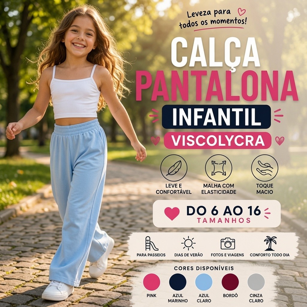 Calça Pantalona Infantil Menina Viscolycra Confortável Leve Cintura Alta Tamanho 6 8 10 12 14 16