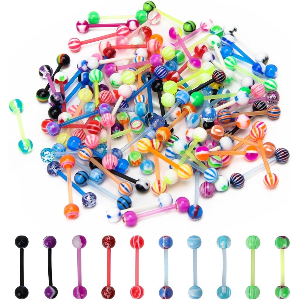 CrazyPiercing 100 Peças de Anéis de Língua de Acrílico 14G, Sortimento Multicolorido de Anéis de Língua Flexíveis, Barre