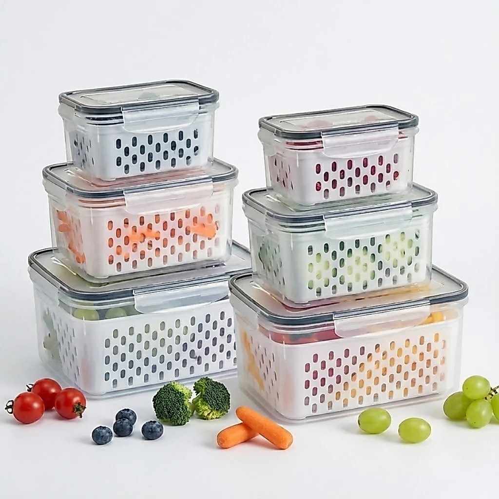 Kit 6 Potes Herméticos Organizador de Geladeira Legumes Frutas Com Cesto Removível
