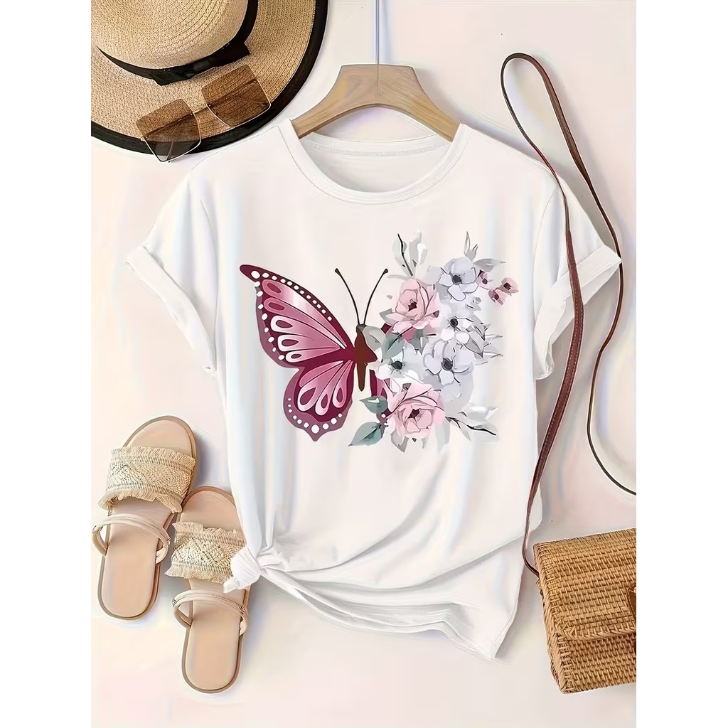 Tshirt Feminina Borboleta Florida Estampada 100% Algodão Camiseta Plus Size Oversized Camisetão Mulheres Envio Rápido
