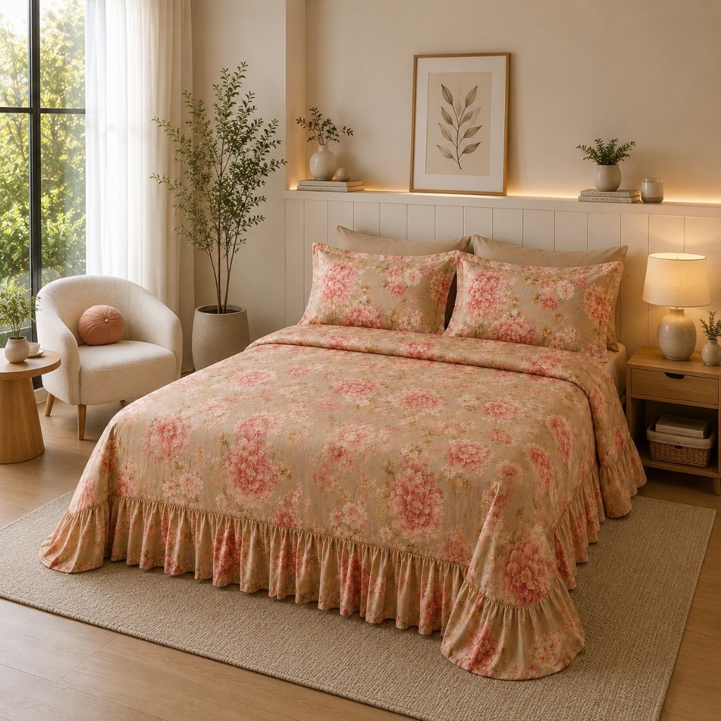 Kit Cobre Leito Cama De Casal 3 Peças Fronhas Colcha 400 Fios Com Babado