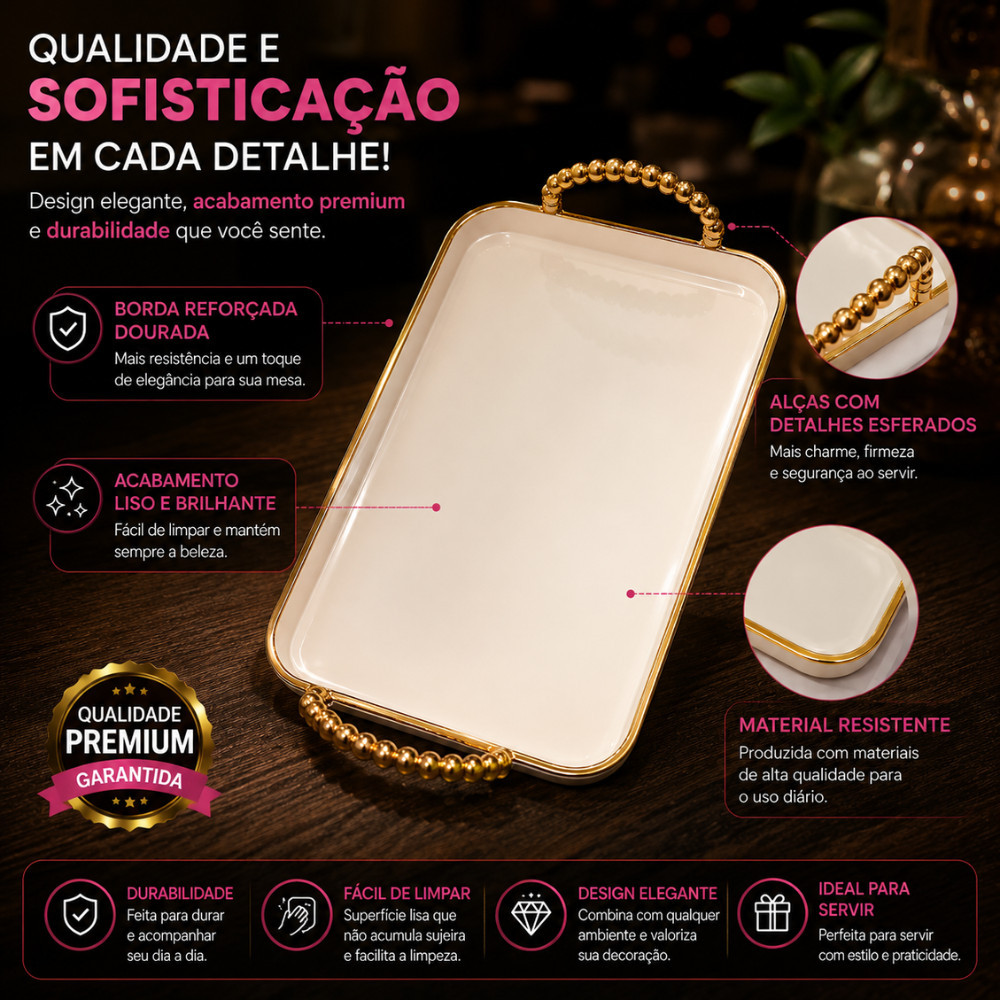 Bandeja Decorativa Retangular Com Alças Douradas Premium