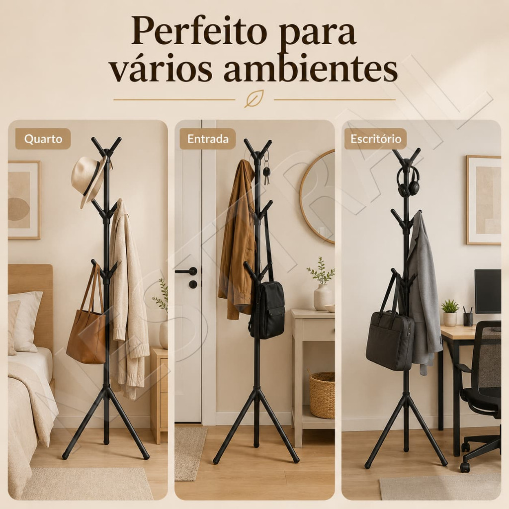 Mancebo Cabideiro de Chão com 9 Ganchos para Roupas, Casacos, Chapéus e Bolsas – Reforçado