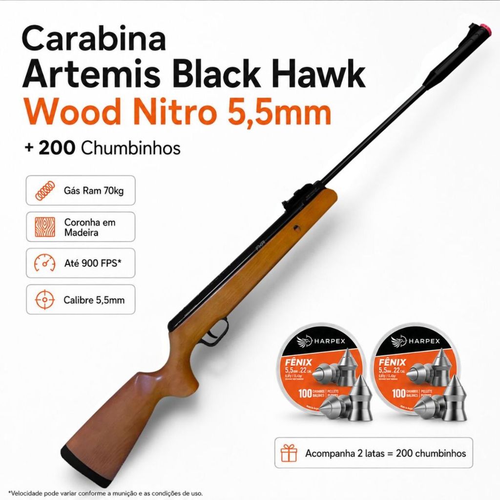 Carabina de Pressão Artemis Black Hawk Wood Nitro 5,5mm 70kg + 200 Chumbinhos