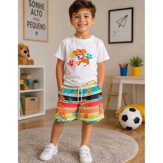 Conjunto Infantil Camiseta e Shorts Unissex Verão Roupa Menino Menina Estampado Personagens