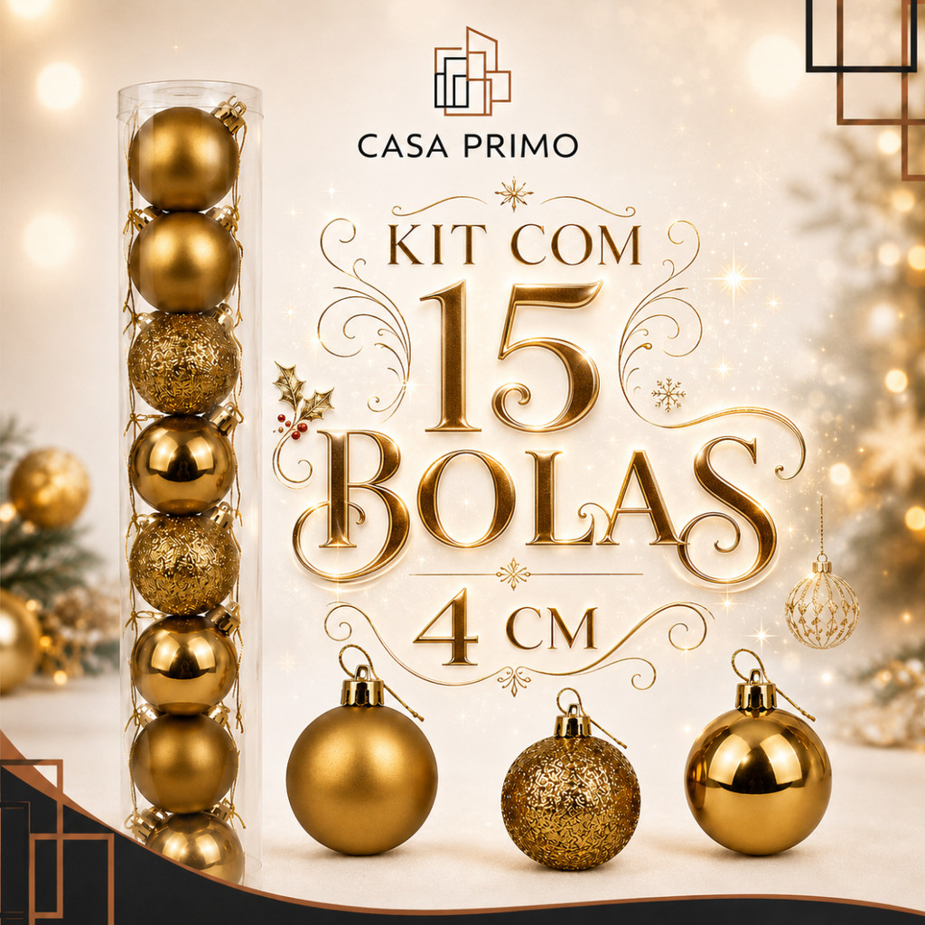 Kit 15 Bolas de Natal Douradas 4cm Fosca Glitter e Brilho Espelhado Enfeite Árvore Decor Casa Primo